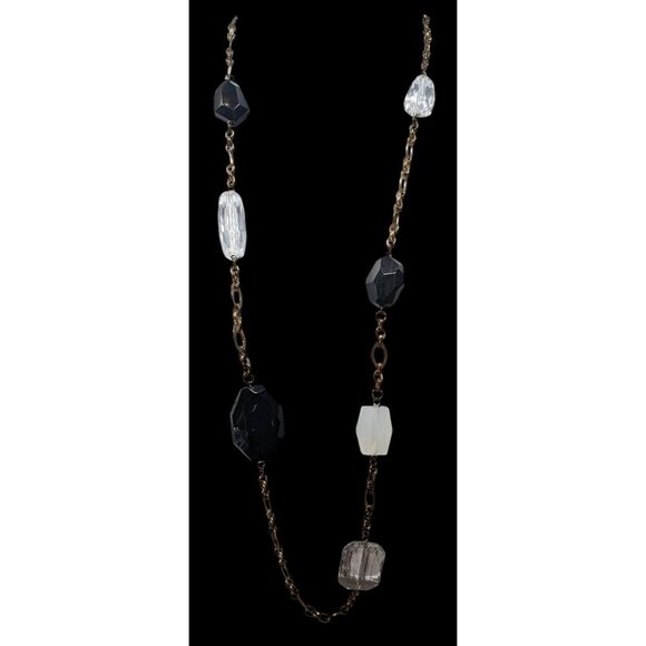 Chunky Black And Clear Gemmed Necklace With Gold Tone Chain - Picture 4 of 6